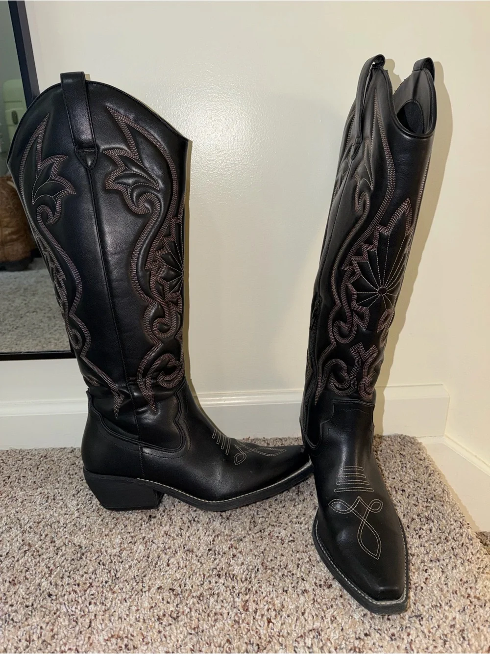 a new day Black Over-the-Knee Western Boots with Brown Embroidery
